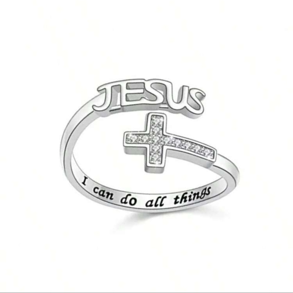Chic Nation Silver Ring with Engraved Cross and Text